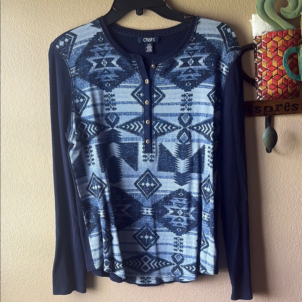 Chaps Navy and Light Blue Geometric Long Sleeve Top